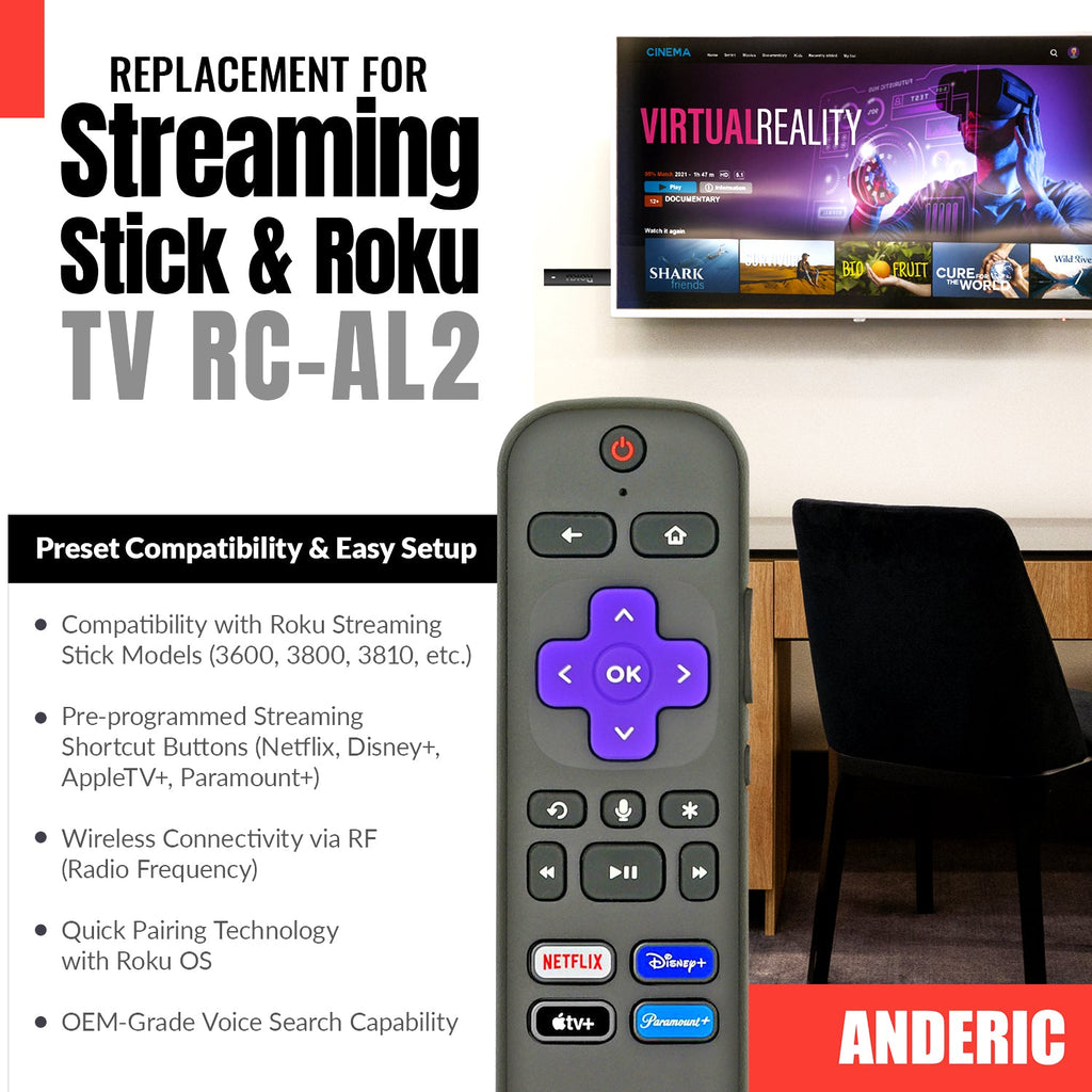 Anderic RC-GZ1 Universal Remote Control for Roku Streaming Stick, StreamBar, and TV | RCFA5 RCGZ1