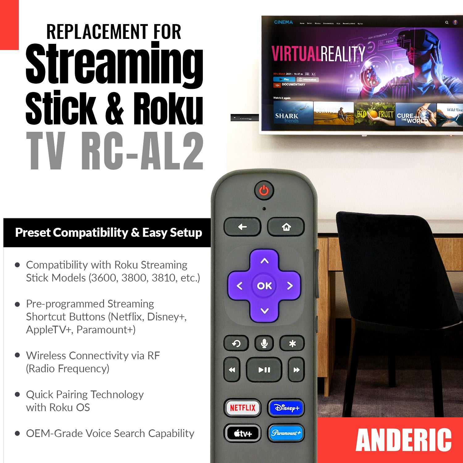 Anderic RC-GZ1 Universal Remote Control for Roku Streaming Stick, StreamBar, and TV | RCFA5 RCGZ1